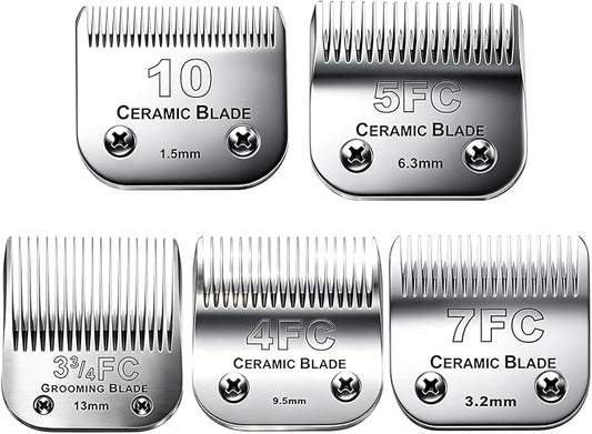 5PACK Dog Grooming Clipper Replacement Blades Compatible with Andis Pet Clipper/Oster A5/Wahl KM Series Dog Clipper with Ceramic Blade & Stainless Steel Blade (#10+5FC+7FC+3FC+4FC)