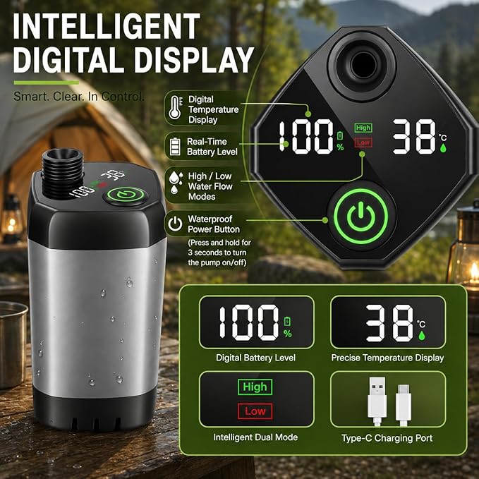 Portable Shower for Camping, 6000mAh Rechargeable Camping Shower with Intelligent LED Display, Foldable Bucket, 4 Spray Modes, IPX7 Waterproof Outdoor Camp Pump for Hiking, Travel, Car, Pet