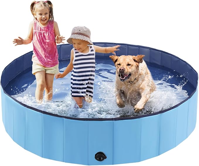 Eooqi Foldable Dog Pool, Portable Pet Bath Tub and Kiddie Swimming Pool, Collapsible Bathtub for Puppies, Small, Medium and Large Dogs, Cats and Kids, 55 x 12 in, Blue