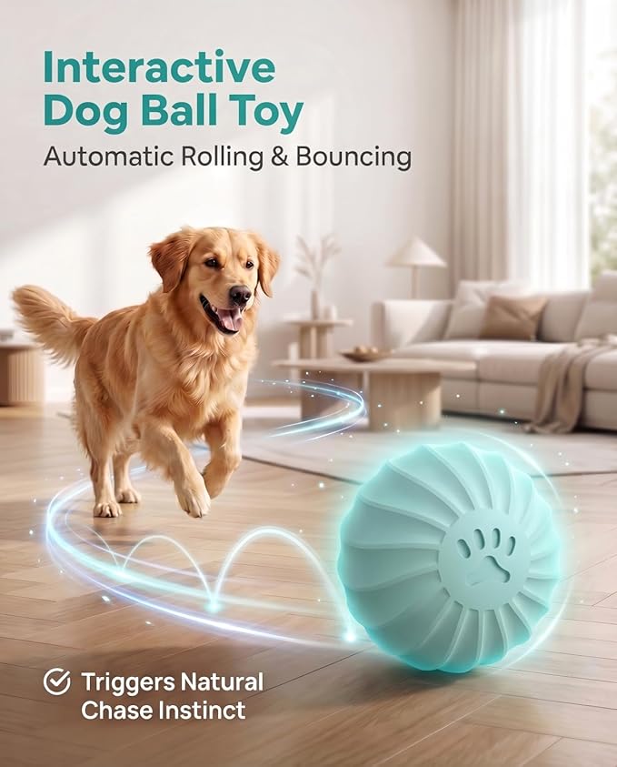 Interactive Dog Toys – Automatic Moving & Bouncing Ball to Keep Dogs Busy Indoors, Durable Natural Rubber Rolling Toy with 2 Play Modes for Medium & Large Dogs(Blue)