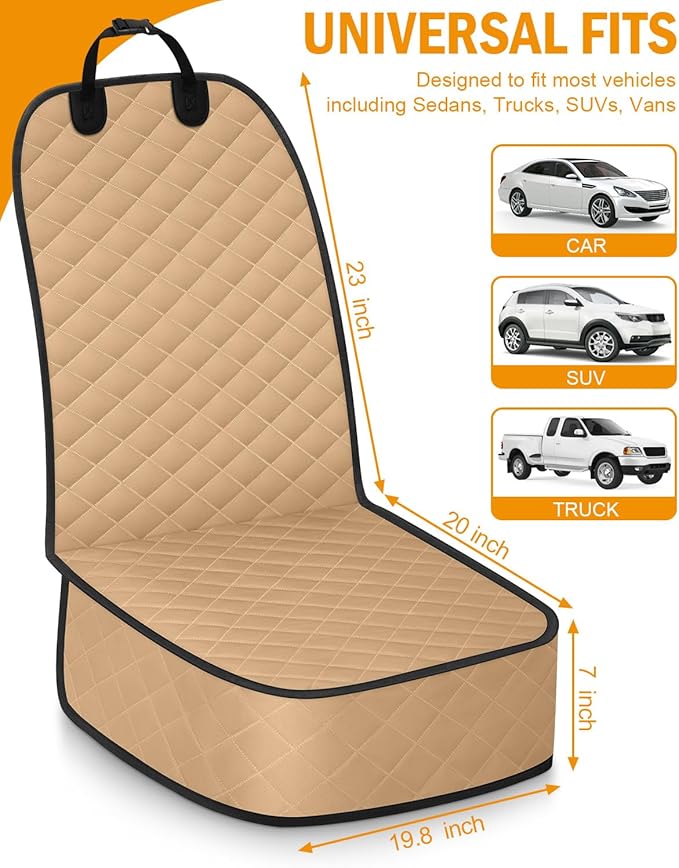 Dog Car Seat Covers Waterproof, Scratch-Proof Pet Front Cover for Cars, Nonslip Pet Passenger Seat Cover Protector, Universal Fit for Cars Trucks SUVs, Medium, Khaki