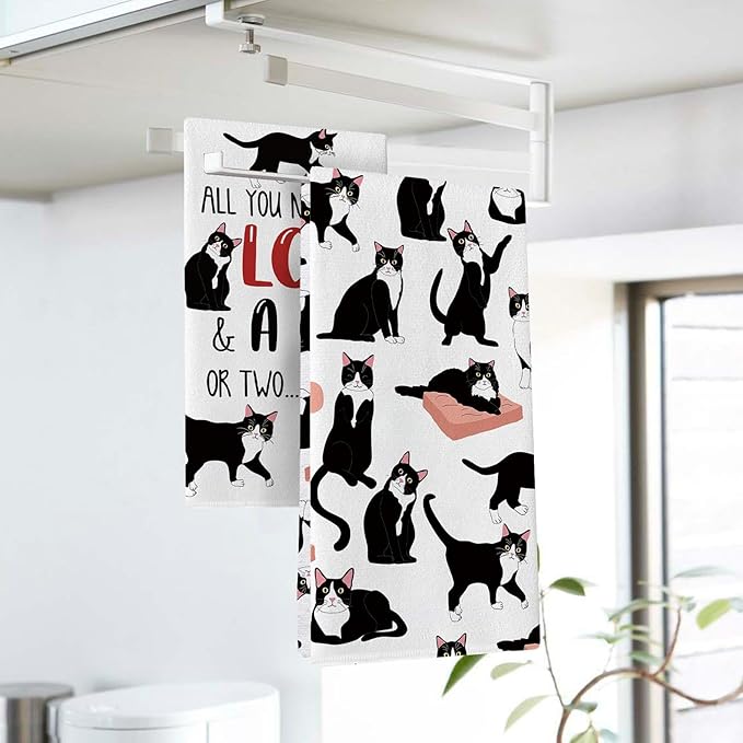 Funny Tuxedo Cat Kitchen Dish Towels Set of 2, All You Need is Love A Cat Drying Hand Towel Baking Cooking Cloth, Pet Owner Lover Gift Bathroom Home Decoration 18'' x 26''
