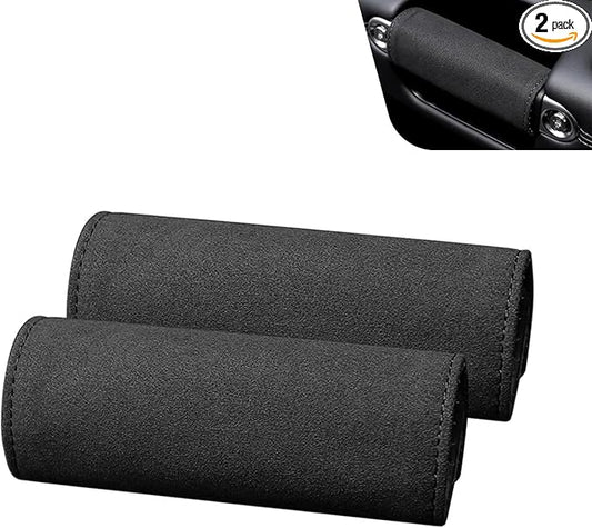 2 PCS Car Inside Door Handle Protectors, Anti-scratch Suede Leather Interior Trim, Non-slip Sweat-absorbent Handle Wrap with Hook & Loop, Interior Accessory for Cars Trucks Vans (Black)