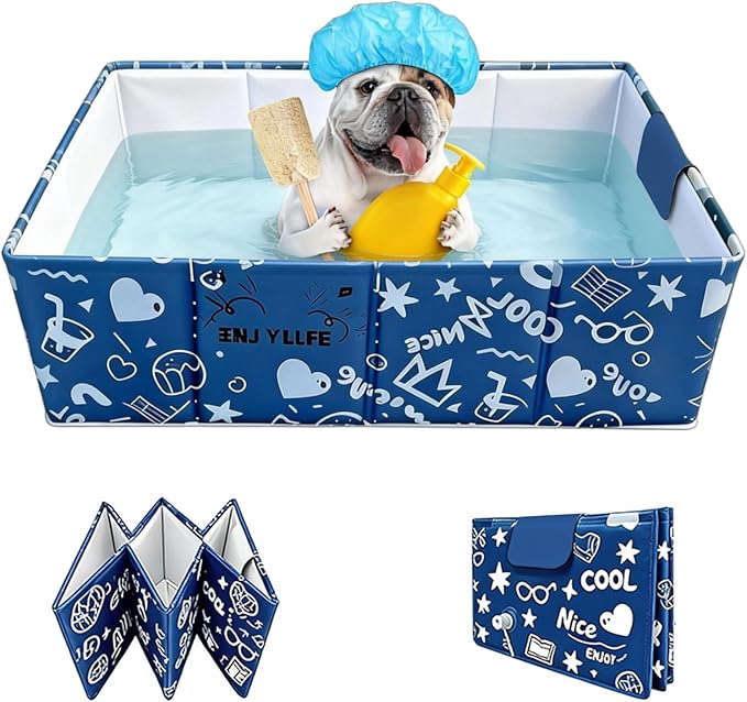Foldable Dog Bathtub for Small to Medium Dogs & Cats, Collapsible Pet Bath Tub for Shower/Kitchen Sink, Thickened Insulated Base, Portable & Space-Saving Puppy Wash Basin, 27.5" x 15.7" x 9", Blue
