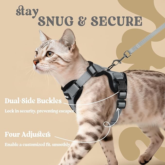 rabbitgoo Cat Harness and Leash Set, Escape Proof Vest Harness for Safe Outdoor Walks, Soft Breathable Adjustable Vest with Reflective Strips for Average to Large Cats, Grey, M
