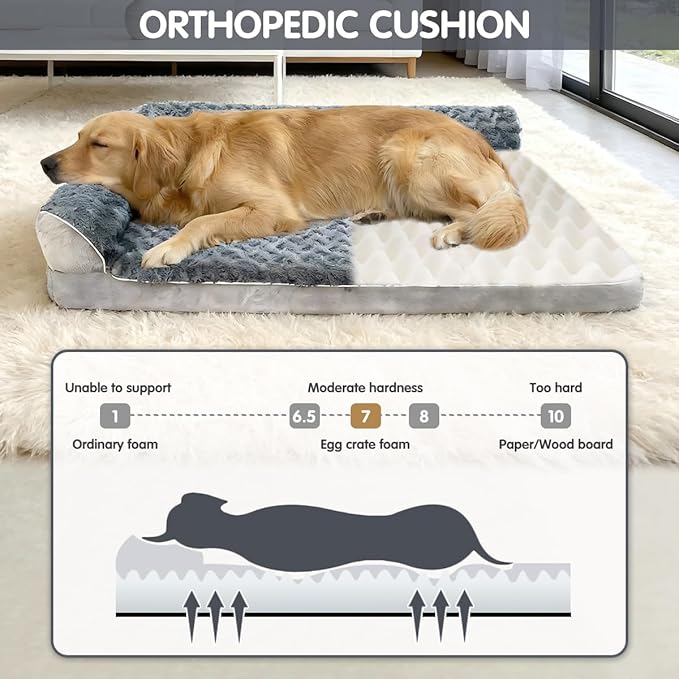 Orthopedic Dog Bed with Pillows, Large Memory Foam Dog Bed Sofa for Medium Large Dogs, Waterproof Washable Cover, Non-Slip Bottom, 42x30x7.5 Inch Supportive Pet Bed Couch, Blue Grey