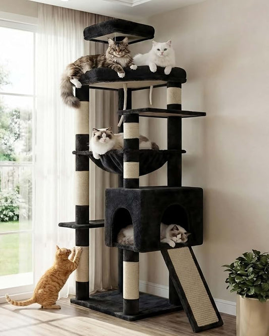 Heybly Heavy Duty Cat Tree, 64.2-Inch Tall Tower for Large Indoor Cats with Widened Structure, Cat Furniture with Big Platforms, Extra-Large Hammock, Sisal Scratching Posts & Board, Smoky Gray HCT027G