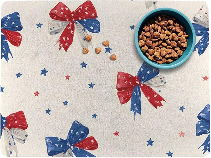 Bow and Star Pattern Pet Cat Dog Food Mat Non Slip Mat for Dog Water Bowl Mat 11.8 x 15.8 inch Quick Dry Absorbent Cat Feeding Mat, Easy to Clean