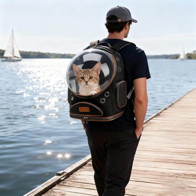 Cat Backpack Carrier, Breathable Cat Carrier Large Space Bubble Pet Backpack for Small Dog and Large cat up to 18lbs, Transparent & Foldable Pet Carrier for Travel Hiking (Black)