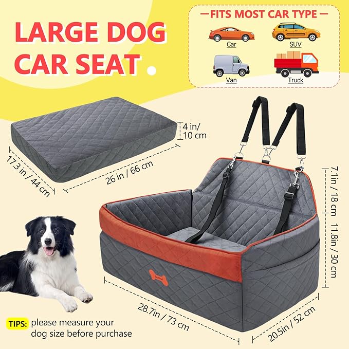 Dog Car Seat for Medium Large Dogs, Detachable Washable Pet Booster Seat with Memory Foam Cushion, Side Pockets, 2 Clip-On Safety Leashes Pet Car Seat for Dog Up to 60 lbs/2 Small Dogs-Grey