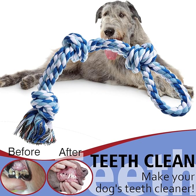 XIGOU Dog Rope Toys Indestructible Dog Toys, Dog Chew Toys for Aggressive Chewers, Tough Puppy Teething Chew Toys for Boredom, Dental Cleaning Tug of War Dog Toy, Great for Small to Large Breed, Blue