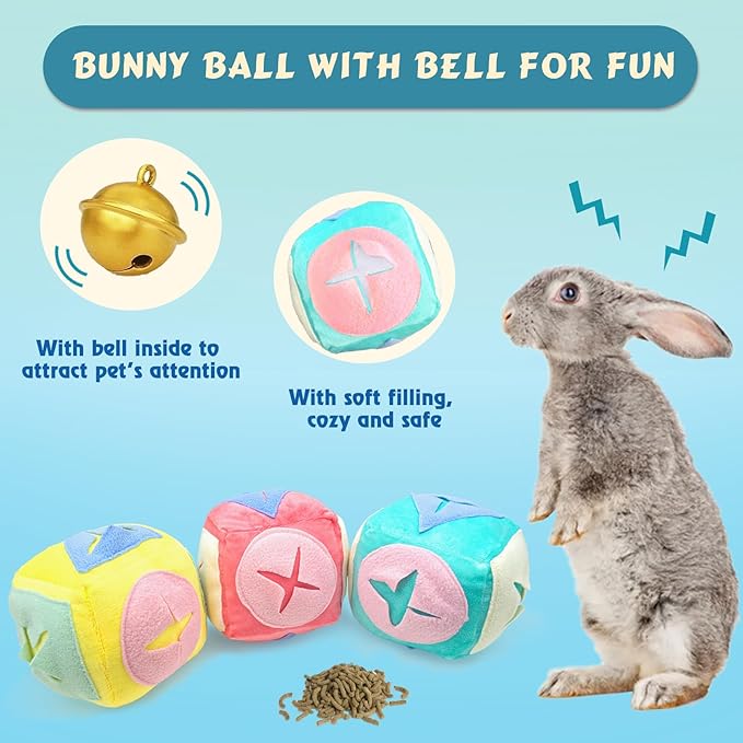 Large Rabbit Foraging Toy with Bell, Washable Snuffle Ball for Rabbits Toys Interactive Puzzle Bunny Toy Treat Dispenser Encourage Natural Foraging Skills Slow Feeder for Small Animals - Blue