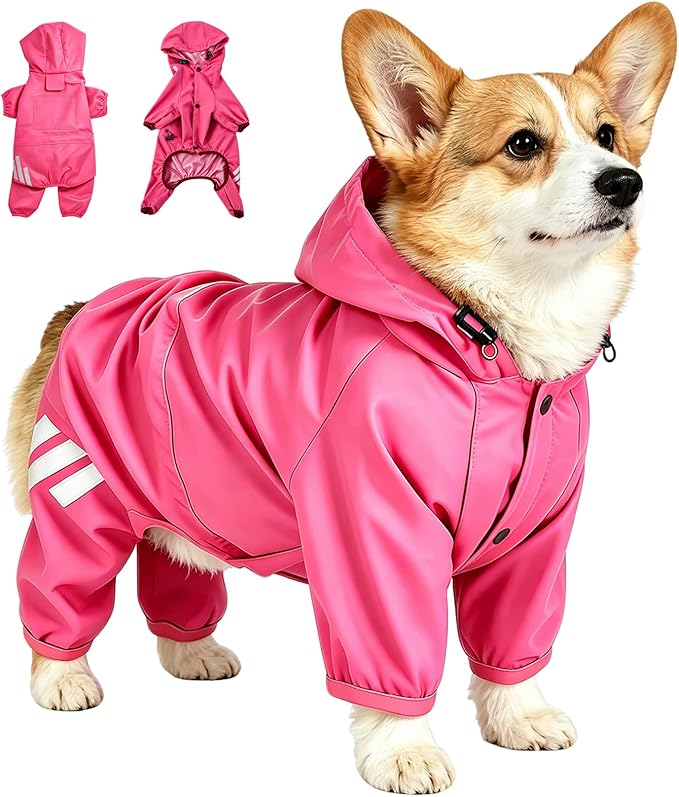 Dog Raincoat Waterproof Windproof Full Body Pet Jacket, Adjustable Reflective Puppy Rain Suit with Leash Hole, Lightweight Foldable Dog Coat for Small Medium Dogs(Pink, XL)