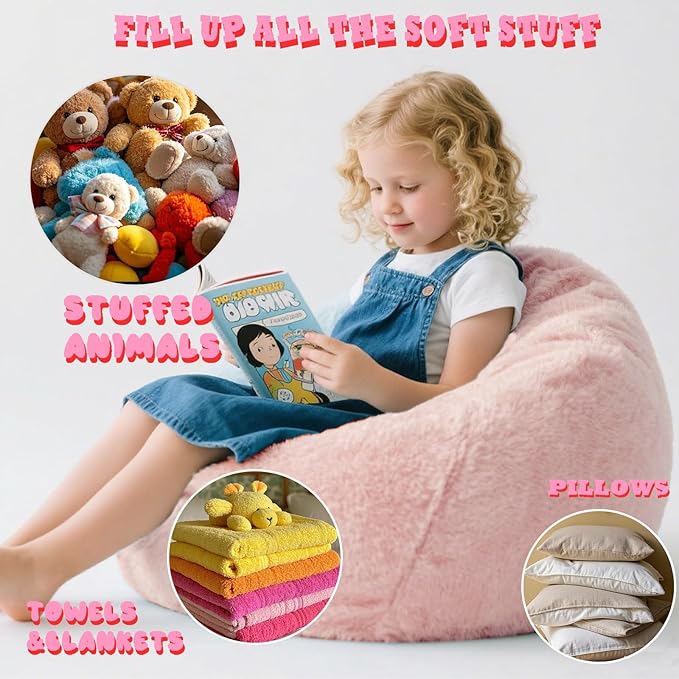 LPMOERA Fluffy Faux Fur Bean Bag Cover (No Filler) Stuffed Animal Bean Bag Storage Comfy Bean Bag Covers for Kids Snow Grey