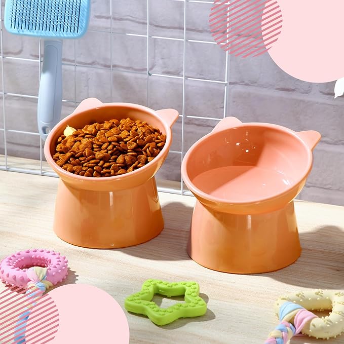 Zhehao 2 Pcs Elevated Cat Bowl Set, Tilted 15° Plastic Raised Food and Water Bowls Anti Vomit Pet Feeding Dishes for Indoor Cats/Small Dogs(Cat Ears,Peach)