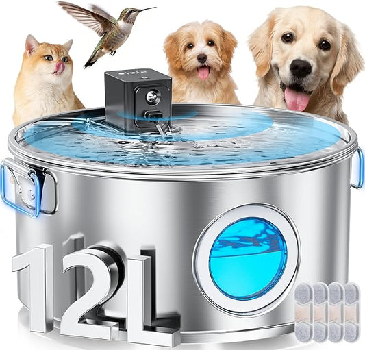 3.4Gal Wireless Automatic Dog Water Fountain for Large Dogs，12L Stainless Steel 3 Modes Dog Fountain Water Bowl Dispenser, Multi Large Pet Water Fountain Ultra Quiet & Multi-Filteration