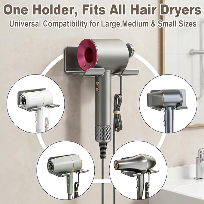 Aluminum Hair Dryer Holder Wall Mount,Self-Adhesive Blow Dryer Hanger with Cord Organizer & Anti-Scratch Strip, No Drilling for Bathroom Cabinet Door Vanity, Universal Fit for All Hair Dryers