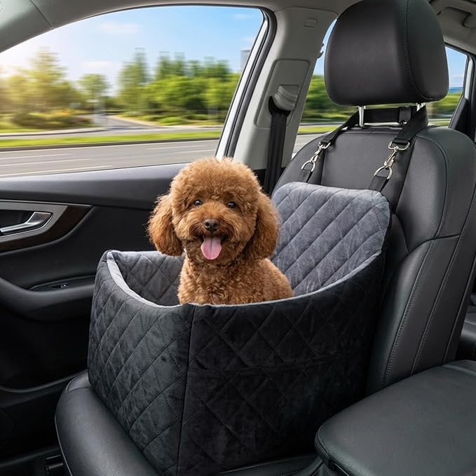 Dog Car Seat for Small/Medium Dogs, Dog Booster Car Seats with Thick Cushion for Dogs Under 32lbs, Detachable Washable Cover, 2 Safety Belts & Storage Pockets