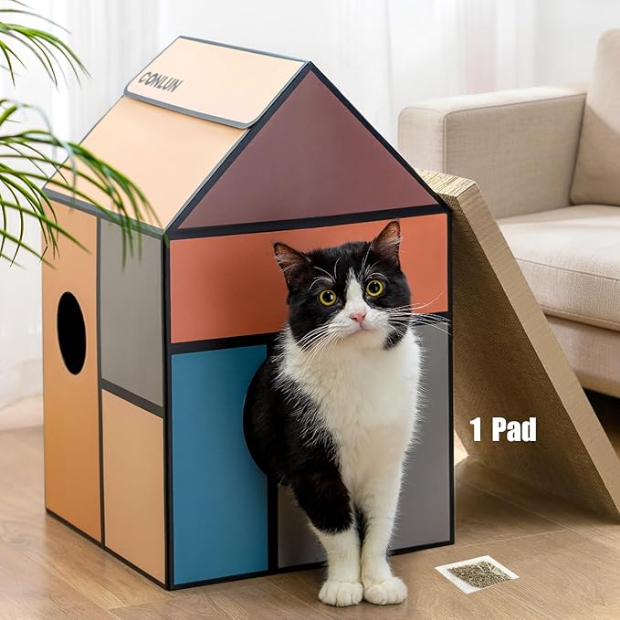 Conlun Cardboard Cat House with Scratch Pad & Catnip, Cat Play Scratching House for Indoor Hideaway Furniture, Heavy Duty Sturdy Cardboard Scratcher, Easy to Assemble Birthday Gift, Medium