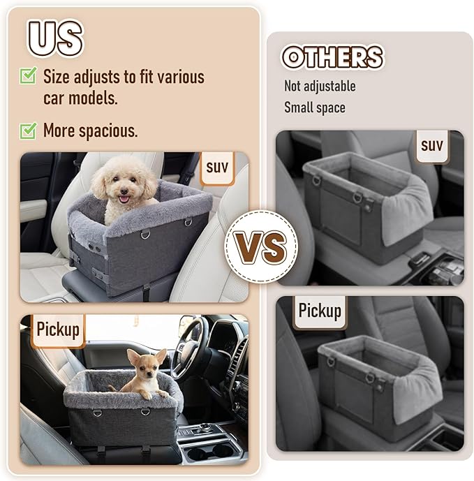 Small Dog Car Seat - Portable Center Console Puppy Booster Seats, Support Pet Up to 11lbs, Adjustable Width Travel Carseat for SUV, Truck, Removable for Cleaning (Dark Grey)