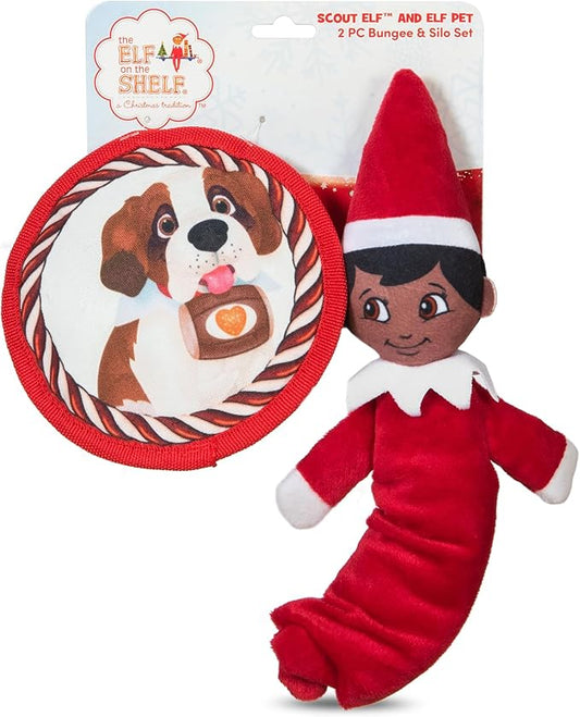 The Elf on the Shelf 2pc Dog Toy Set with Elastic Scout Elf + Elf Pets Saint Bernard Plush Flattie Disk, Squeaky Dog Toys | Bungee Dog Toys for Tug | Stocking Stuffers for Dogs