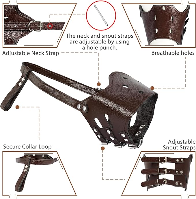 BARKLESS Dog Muzzle Leather, Soft Secure Anti-Barking Leather Muzzle for Small Dogs to Prevent Biting, Breathable and Adjustable, Allows Drinking and Panting, Used with Collars