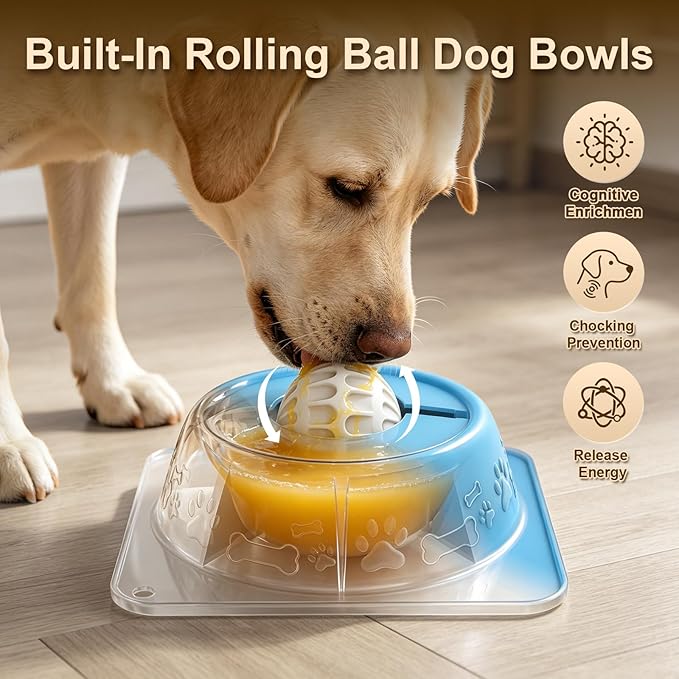 Slow Feeder Lick Bowl for Dogs and Cats, Anti-Slip Pet Water Bowl with Smooth Rolling Ball, No Spill Bowl for Water, Bone Broth, Yogurt & Pumpkin Puree, for Large Medium Small Pets, Light Blue