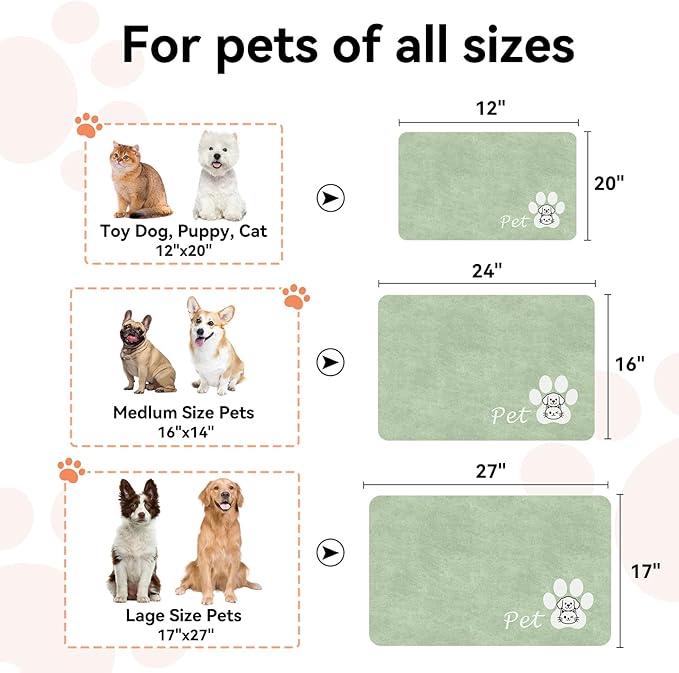 Dog Cat Feeding Mat-Absorbent Pet Bowl Mat for Food and Water, Quick Dry Water Dispenser Mat for Floors with Waterproof Rubber Backing, Large Dogs Placemat Mats for Messy Drinkers,17"x27",Sage Green