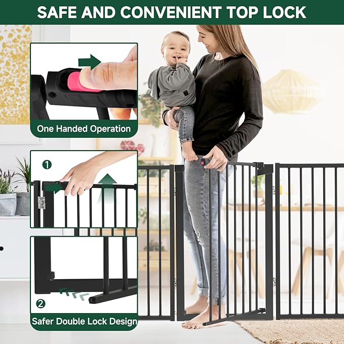 Snagle Paw Metal Freestanding Dog Gate with Door, 80” W x 32” H Dog Fence with Support Feet for Doorways, Stairs and Hallways, Portable Pet Gate for Indoor Use (4 Panel, Black)