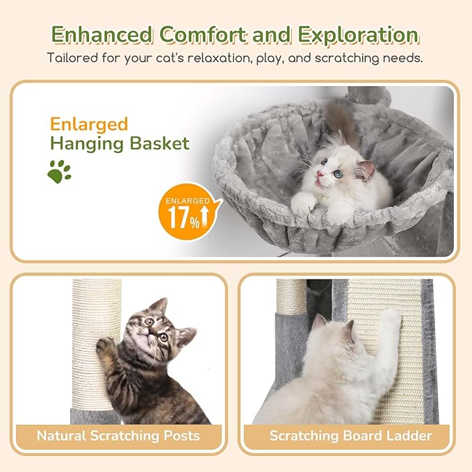 Globlazer 52in Cat Tower for Multiple Indoor Cats, Heavy Duty Multi-Level Cat Tree with 3 Cozy Condos, 4 Natural Sisal Scratching Posts and Cozy Basket Bowl, F52B, Light Grey