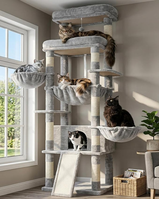 Hey-brother Cat Tree Tower, Scratching Posts with Extra Large Platform and Basket, Specious Condo, 2 Cozy Hammocks, Scratch Board for Indoor Adult Cats, Maine Coon 71.7 inches, Light Gray MPJ080W