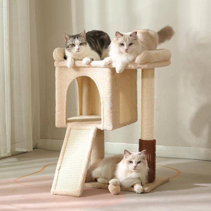 Small Cat Tree Tower for Large Cats with Spacious Top Bed 20x13.8”Private Cat Condo,Sisal Scratching Post and Ramp and Self Groomer and Spring Ball-Beige