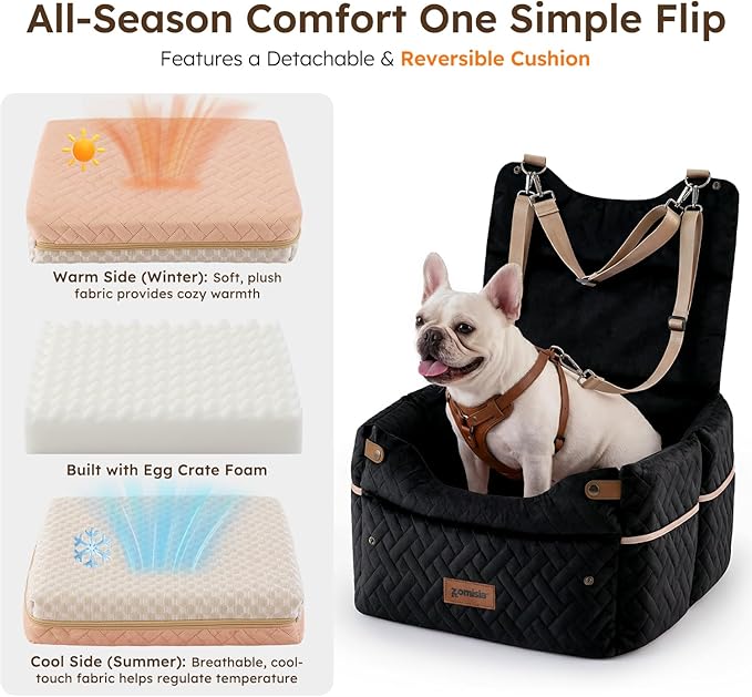 ZOMISIA Elevated Dog Car Seat for Medium Dogs, 3 Adjustable Heights with 2 Egg Crate Foam Boosters 4"+2", Dual-Sided Cooling&Plush Waterproof Cover, 2 Safety Leashes & Buckles, Beige