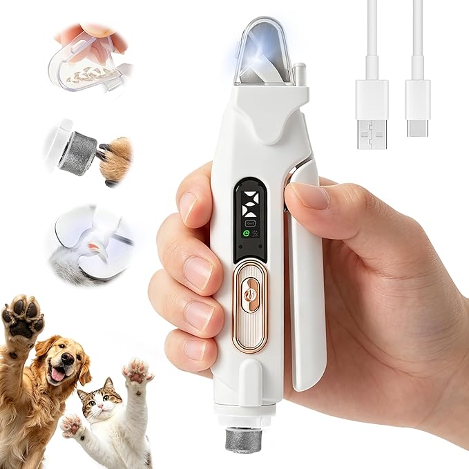 2-in-1 Dog Nail Clippers and Grinder with Light, Quiet Electric Pet Nail Trimmer for Small Medium Large Dogs & Cats, 2 Speeds, Rechargeable, Splash Guard & Safety Lock, Painless Grooming Tool