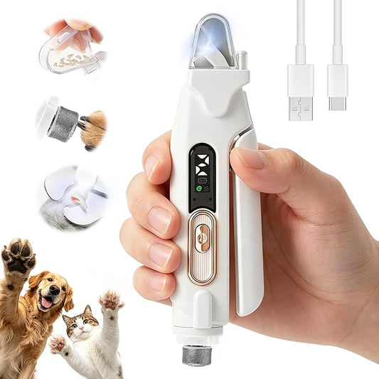 2-in-1 Dog Nail Clippers and Grinder with Light, Quiet Electric Pet Nail Trimmer for Small Medium Large Dogs & Cats, 2 Speeds, Rechargeable, Splash Guard & Safety Lock, Painless Grooming Tool
