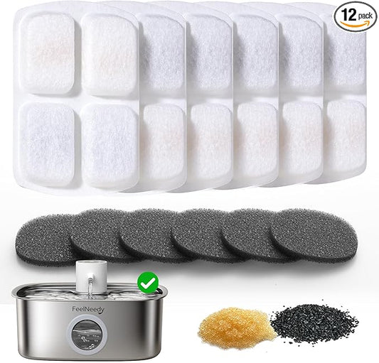 6 Pack Cordless Dog Water Replacement Filters & 6 Packs Pump Filters Sponges Compatible with Battery Operated Stainless Steel 8L Dog Water Fountain (FN-W18)