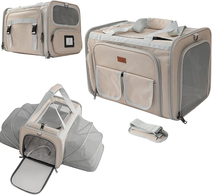 Cats Carrier for Small Dogs Puppy Cat Bag Expandable,Airline Approved,2 Sides Expand,Rabbit Bunny Pets Carriers Small Animals Travel Outdoor Carry Kennel (Khaki)