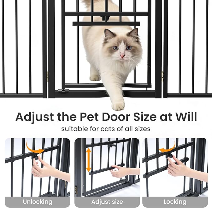 Metal Freestanding Dog Gate with Cat Door for Outdoor & Indoor,60" Extra Wide Foldable Pet Fence,30" Tall Free Standing Dog Gate for RV Camping,Stairs,Hallways,Doorways,Deck,Yard (3 Panels,Black)