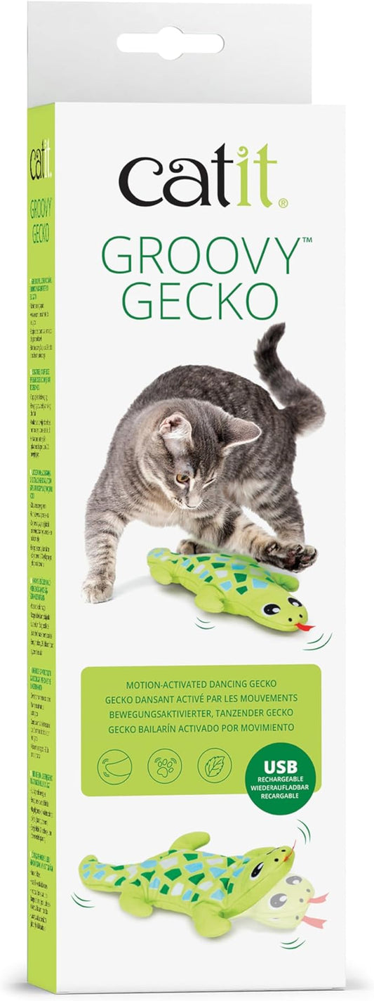 Catit Groovy Gecko Interactive Cat Toy – Flopping Motion Toy with Catnip & Silvervine, USB Rechargeable, Motion Sensor, Washable Cover – Green