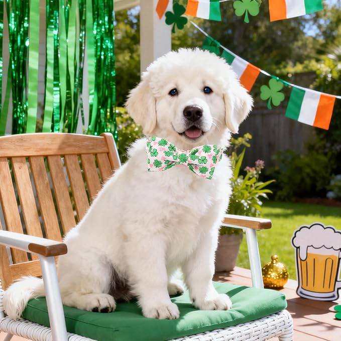 DOGWONG St. Patrick's Day Shamrock Dog Collar with Bow,Pink Green Four Leaf Clover Pattern Dog Collar, Adjustable Durable Soft Collars Irish Gift for Male Female Puppy,XS