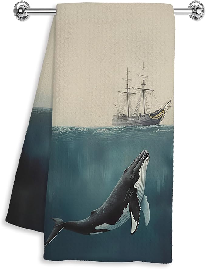 Vintage Nautical Hand Dish Tea Towels for Kitchen Bathroom Decor 16x24 Inches, Whale Lover Gifts, Coastal Ocean Humpback Whale Sailing Kitchen Towels Decorative