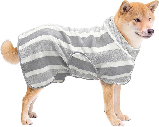 Fast Drying Dog Bath Robe, Super Absorbent Stripes Dogs Towel, Adjustable Warm Keeping Pet Puppy Bath Supplies (Grey, L)