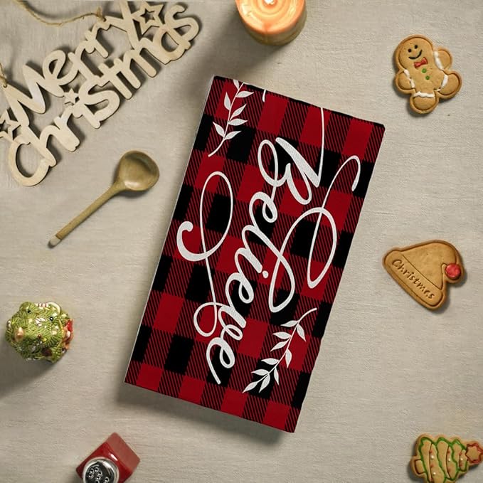Christmas Believe Hand Towels Set of 2 Winter Christmas Red Black Buffalo Plaid Checkered Absorbent Bathroom Towel Soft Decorative Towels for Bathroom, Hotel 29.1 X 13.8 Inch