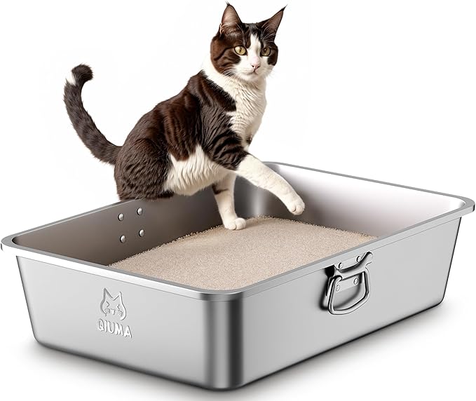 Qiuma Stainless Steel Metal Litter Box with Handle, Extra Large Cat Litter Box with High Sides, Odor-Free, Non-Stick, Easy to Clean, 23.4"×15.6"×7.8", Ideal for Large Cats & Multi-Cat Households