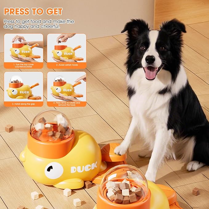 Interactive Dog Treat Dispenser Toy, Duck Shape Puzzle Feeder with Press Button and Rotating Design, Slow Feeding Game for Cats,Dogs,Other Pets