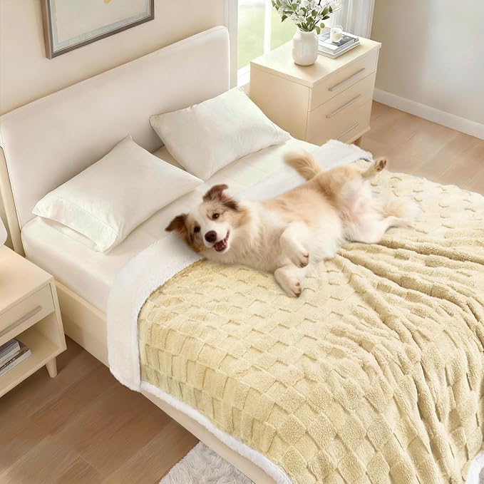 Luciphia Waterproof Dog Blanket, Emotional Support Leakproof Large Pet Blanket for Couch Sofa Bed Protector, Washable Soft Sherpa Fleece with 3D Jacquard, Cozy Calming Reversible, Yellow, 65"x57"