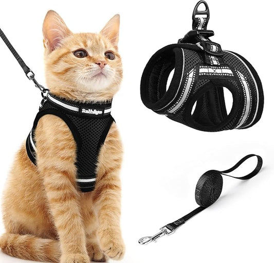 rabbitgoo Cat Harness and Leash, Step-in Escape Proof Kitten Harness Set, Soft Comfortable Cat Vest, Easy to Wear and Adjust, Reflective for Safe Outdoor Walking, Black, Medium