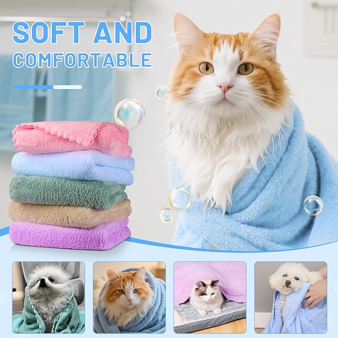 DuckSky 5Pcs 29.5 x 13.77'' Cat Towels Microfiber Pack Bulk, Quick Drying Absorbent Pet Puppy Towels for Pet Kitten Grooming，Hair Drying Small Puppy Dog，Bathing Shower