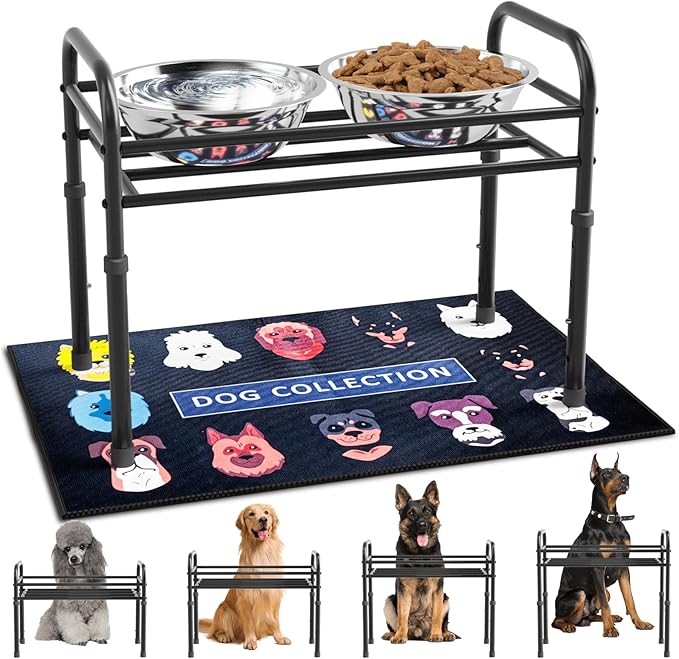 ADENGL Elevated Dog Bowls for Large Dogs – 4 Height Adjustable Raised Stand with 2×1600ML Stainless Steel Bowls & Non-Slip Mat, Heavy-Duty Metal Frame Dog Feeder for Indoor & Outdoor Use