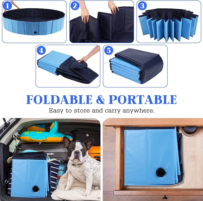 Eooqi Foldable Dog Pool, Portable Pet Bath Tub and Kiddie Swimming Pool, Collapsible Bathtub for Puppies, Small, Medium and Large Dogs, Cats and Kids, 87 x 12 in, Blue